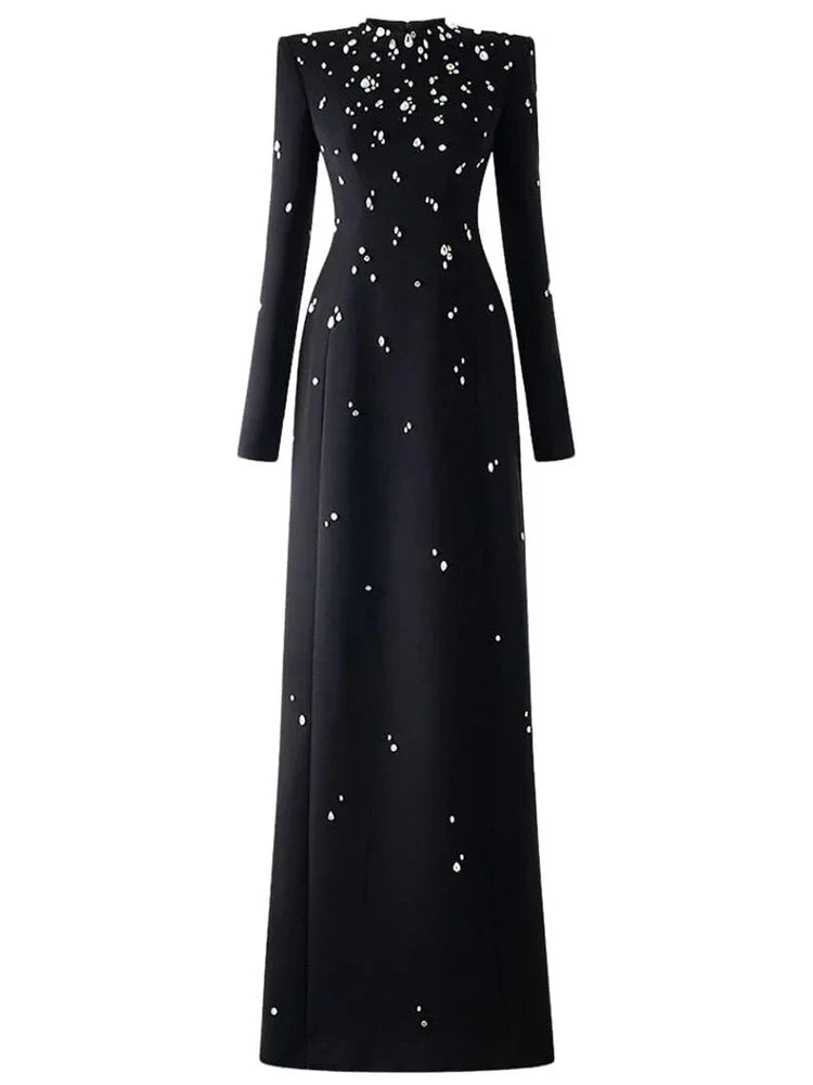 Designer Fashion Women's Rhinestone Diamonds Beaded Long Maxi Dress