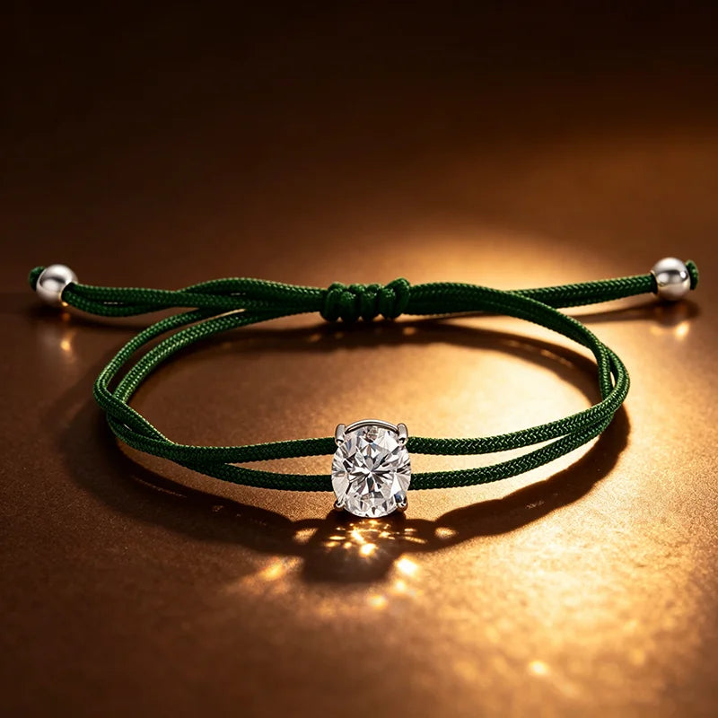 3CT Oval Cut Moissanite Braided Cord Bracelets for Women Men Adjustable Sliding-Knot Dainty Pure S925 Silver Chain D VVS1