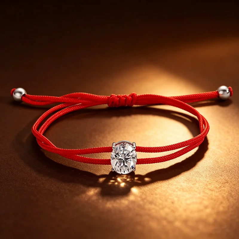 3CT Oval Cut Moissanite Braided Cord Bracelets for Women Men Adjustable Sliding-Knot Dainty Pure S925 Silver Chain D VVS1