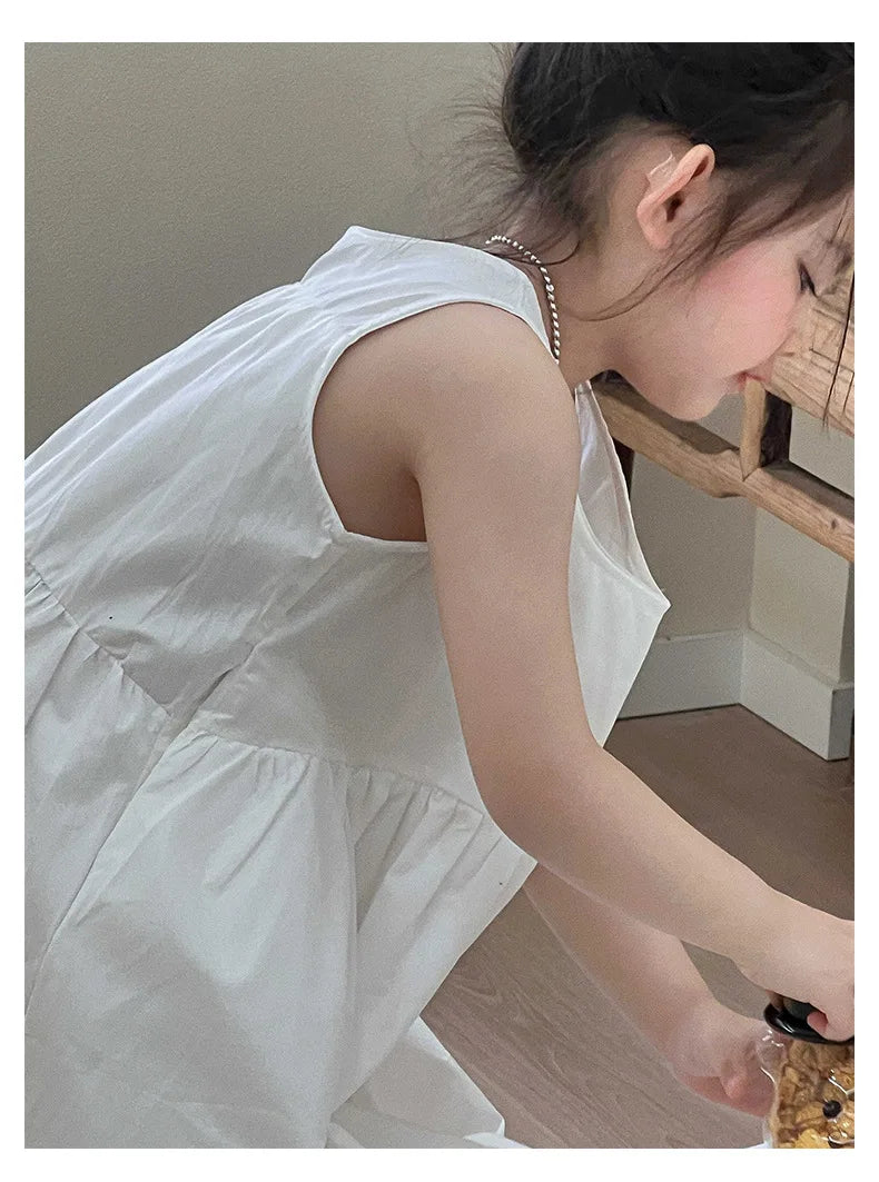 Summer White Vest Dress for Kids Girls Simple Loose Sleeveless Childrens Long Dress Cotton 2-8Y Girl Clothing Casual wear