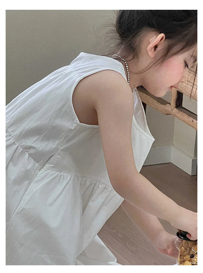 Summer White Vest Dress for Kids Girls Simple Loose Sleeveless Childrens Long Dress Cotton 2-8Y Girl Clothing Casual wear
