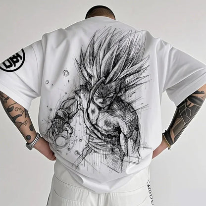 Oversized T-shirt High Quality 100% Cotton Kid Goku with Power Pole Line Art Print UnisexCasual Y2K