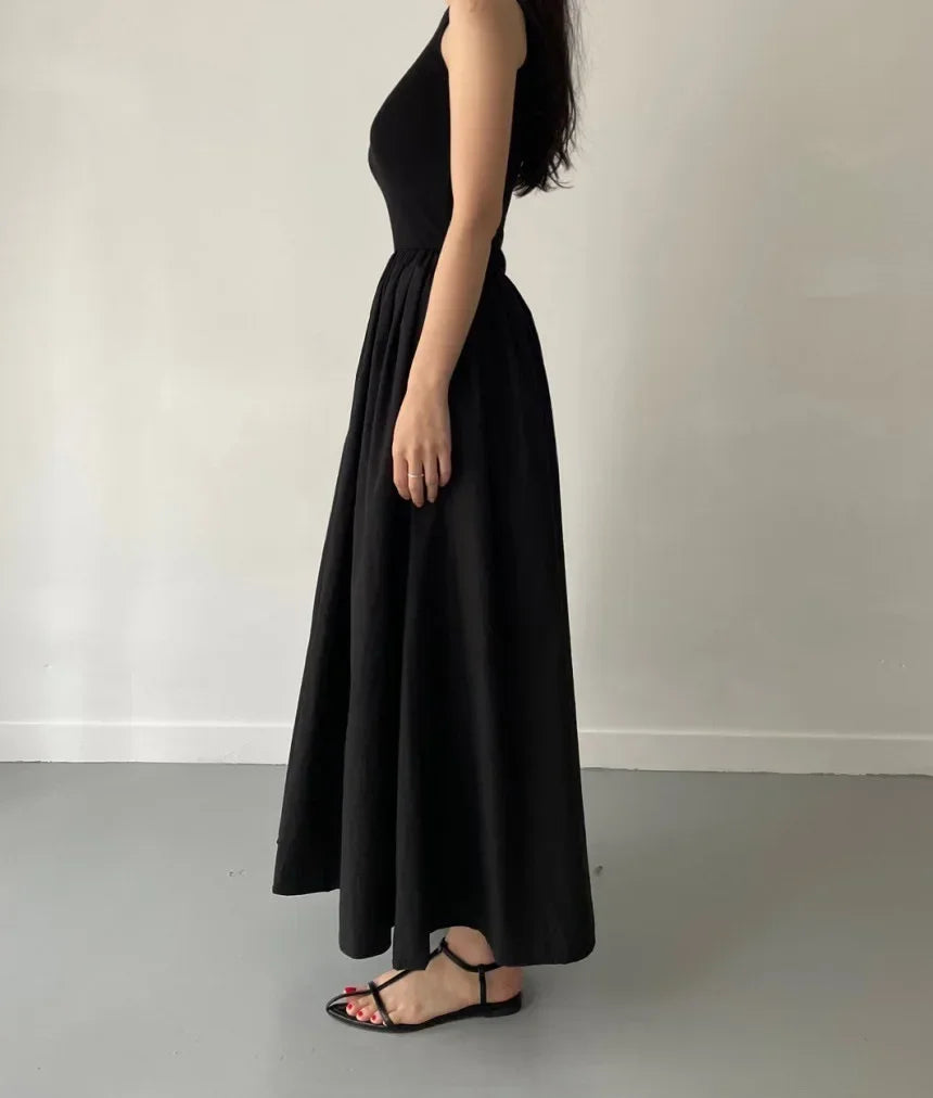 Simple Elegant Black Long Dresses For Women Round Neck Sleeveless High Waist Temperament Female Fashion Style Dress