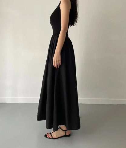 Simple Elegant Black Long Dresses For Women Round Neck Sleeveless High Waist Temperament Female Fashion Style Dress