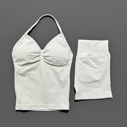 No Logo 2 Pies Sports Set Women Backless Tank Yoga Tops High Waist Scrunch Seamless Shorts Sport Gym Set Sportswear Workout Set