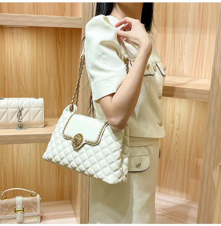 Brand genuine leather chain bag for women in 2025, new designer with a sense of luxury, large capacity underarm shoulder bag