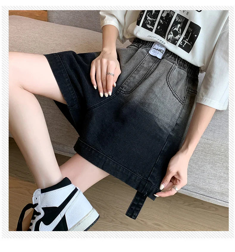 Plus Size Denim Shorts For Women Summer 2024 New High Elastic Waist Pockets Wide Leg Loose Jean Short Femme Hot Sale