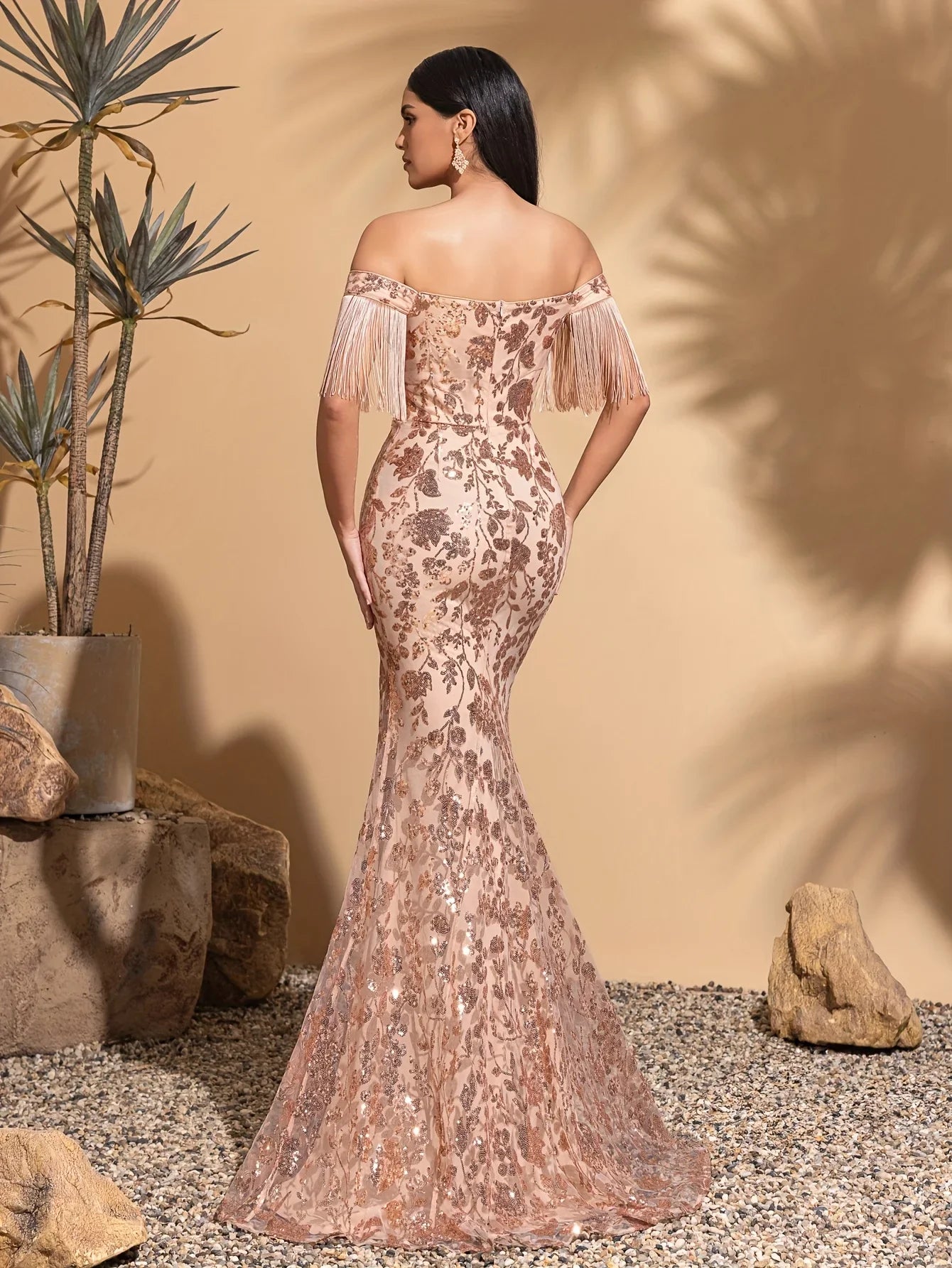 Off-the-shoulder sequined tassel sleeve slit dress