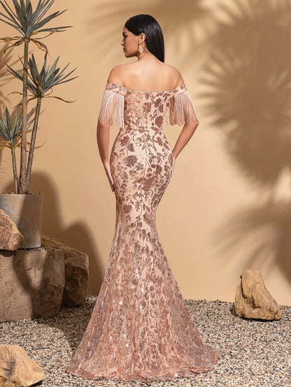 Off-the-shoulder sequined tassel sleeve slit dress
