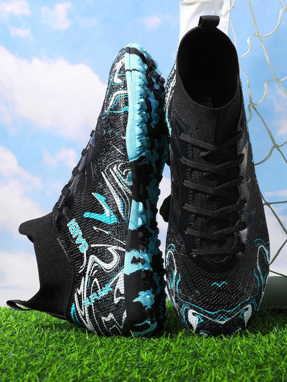 High-top football boots with long FG studs and TF studs,suitable for both men and women,featuring breathable and non-slip design