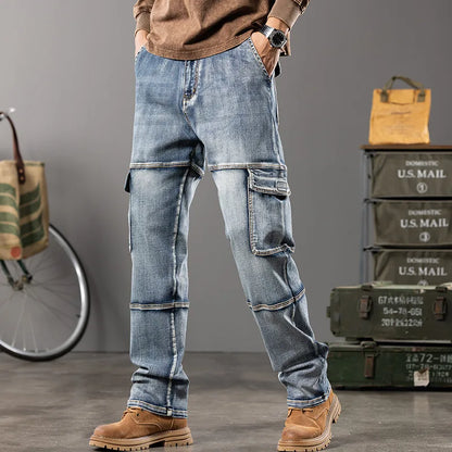 Autumn New Styles Outdoor Men'S Wide Leg Jeans Workwear Multi-Pocket Straight Pents Baggy Jeans Plus Size Tapered Jeans