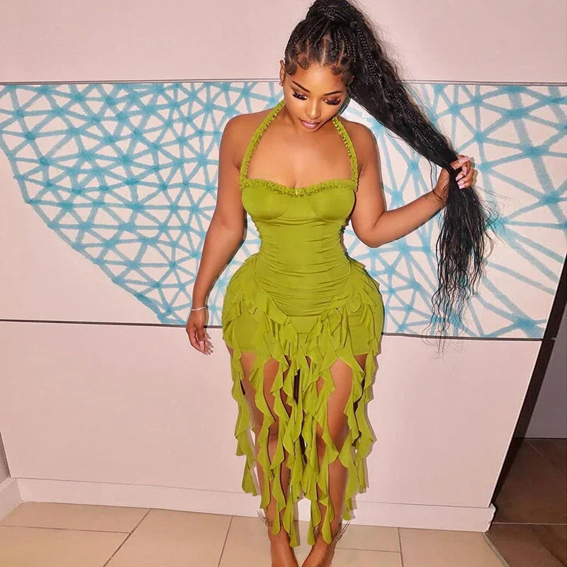 Elegant Halter Solid Ruffles Backless Taseel Sexy Slim Mini Dress Spring Women Cute Outfits Birthday Party Vacation