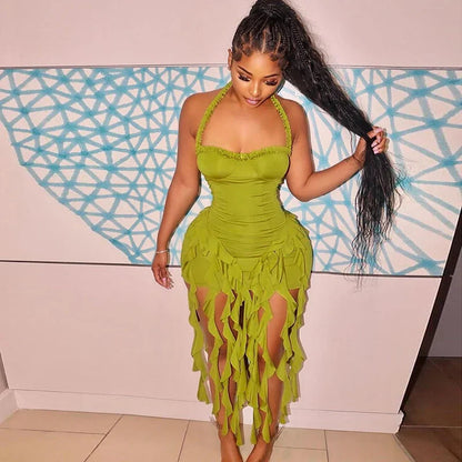 Elegant Halter Solid Ruffles Backless Taseel Sexy Slim Mini Dress Spring Women Cute Outfits Birthday Party Vacation