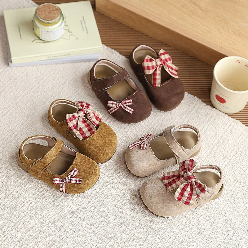 New Summer Kids Baotou Sandals 23-34 Size Sweet Checkered Bow Girls Princess Shoes Soft Sole Children Nude Shoes