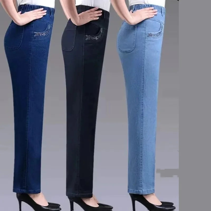 Women's Jeans Embroidered Pockets Elastic waist Mom Pants