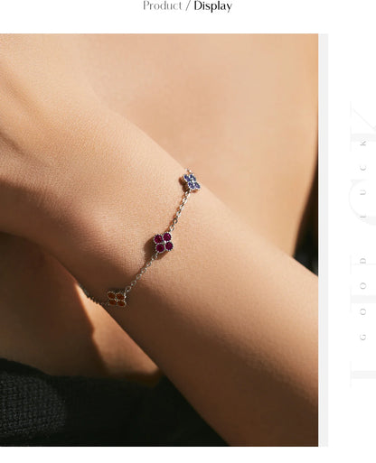 925 Sterling Silver Sweet Four Leaf Clover Colorful Zirconia Charm Fashion Stackable Bracelet For Women Fine Jewelry