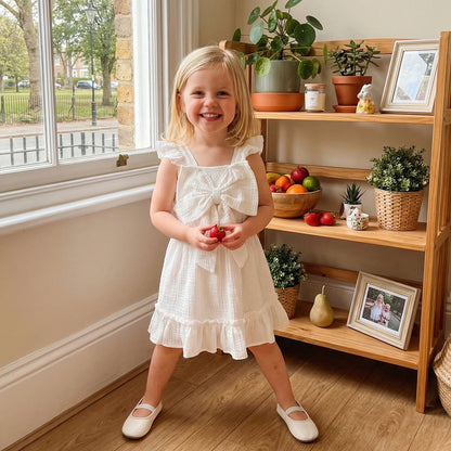 Toddler Kids Baby Girls Summer Casual Dress Princess Girls Solid Cotton Linen Fly Sleeve Bowknot Holiday Party Dress Sundress