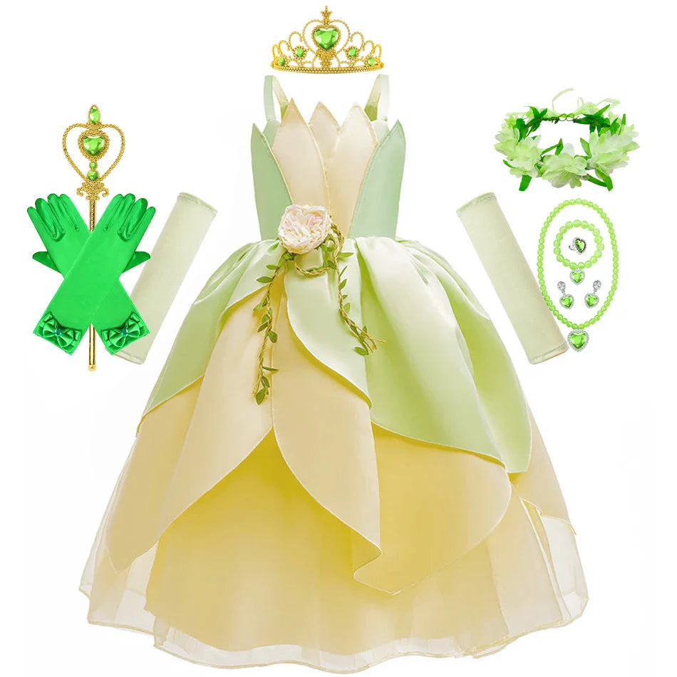 Kids Girl Tiana Dress for Girls Birthday Party Halloween Ball Gowns Evening Birthday Fancy Layered Costume Floral Fairy Clothing