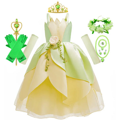 Kids Girl Tiana Dress for Girls Birthday Party Halloween Ball Gowns Evening Birthday Fancy Layered Costume Floral Fairy Clothing