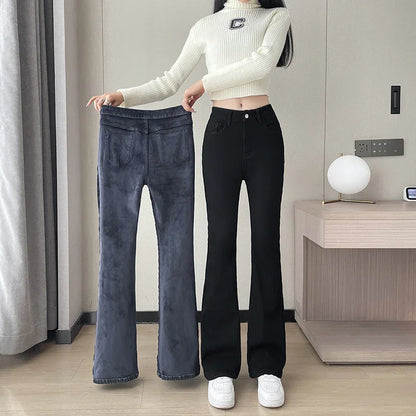 Fashion New Women Warm Plush Flared Jeans Thermal Fleece Loose Denim Pants Female High Waist Urban Straight Flare Trouser