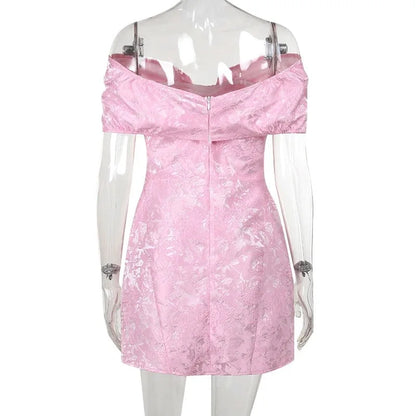 Fashionable And Sweet Slim Fit Jacquard Strapless Tie Bow One Shoulder Short Skirt American Sexy Temperament Solid Color Dresses