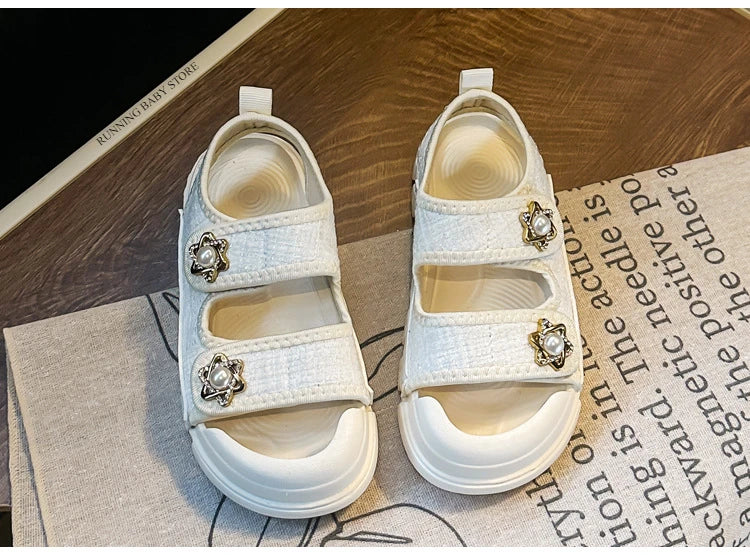 2025 Nice Straw Children Sandals New Arrivals Girls Appliques Metal Decos Sandals for Kids Girl Anti-kick Toe Beach Shoes I03242