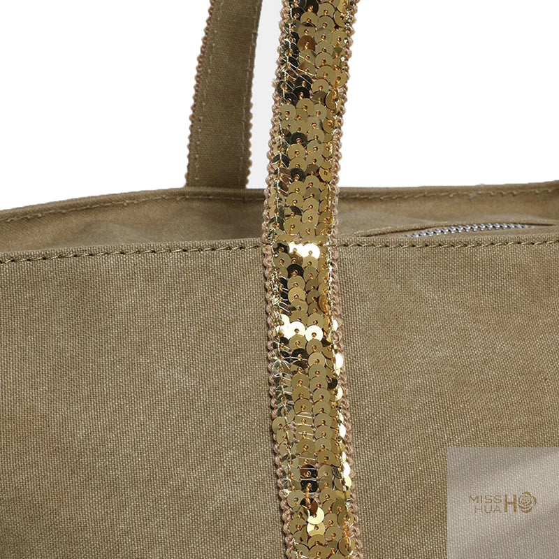 Multi-purpose Canvas Tote Bag with Sequins, Large Capacity for Women's Daily Use