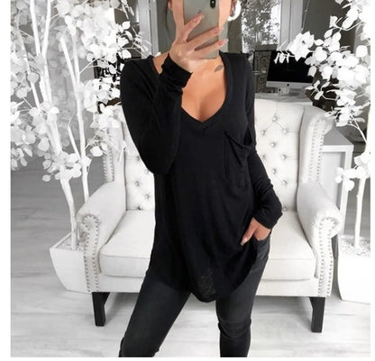 Women's Solid Color Fashion V-neck Long Sleeved T-shirt Ladies Casual Simple T-shirt