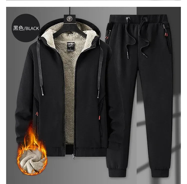 Men's Sets Jacket + pant Warm Fur Winter Sweatshirt Cashmere Tracksuit Men's Sets Fleece Thick Hooded Brand Casual Track Suits