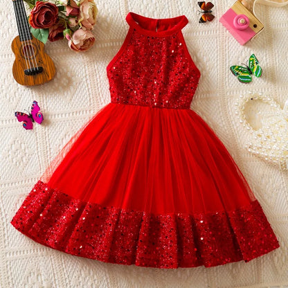 Girl Party Princess Dress Summer Sequin Tulle Dress Elegant Party Red/Pink/White Dresses 3-7Y for Wedding Birthday Holiday Gift