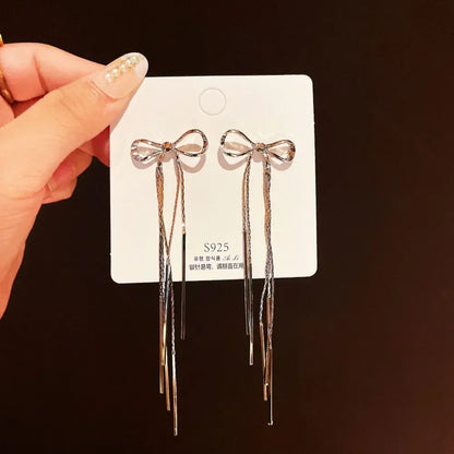 Exquisite Silver Color Ribbon Long Tassel Bowknot Drop Dangle Earrings for Women Charm Stainless Steel Party Jewelry Accessories