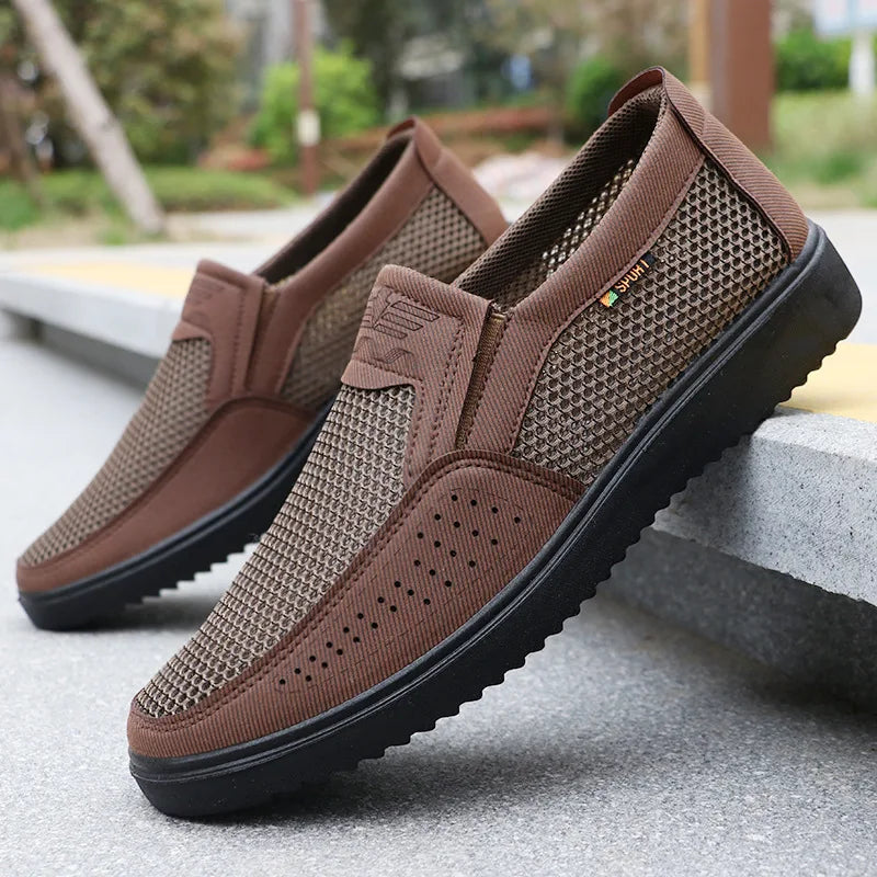 Men's Summer Mesh Breathable Slip-On Casual PU Driving Sandals Low-Top Round-Toe Slip-On Shoes with Textile Inner Sole