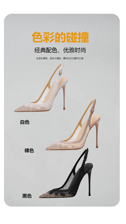 New summer black mesh rhinestone high heels for women, slim heels, shallow toe, sexy sandals with a single buckle strap
