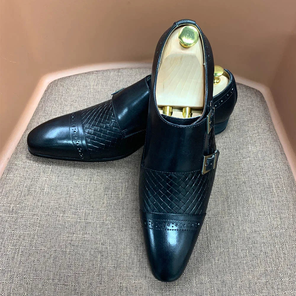 Classic Mens Dress Shoes Genuine Leather Double Buckle Monk Strap Cap Toe Blue Black Wedding Business Formal Suit Shoes for Men