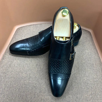 Classic Mens Dress Shoes Genuine Leather Double Buckle Monk Strap Cap Toe Blue Black Wedding Business Formal Suit Shoes for Men