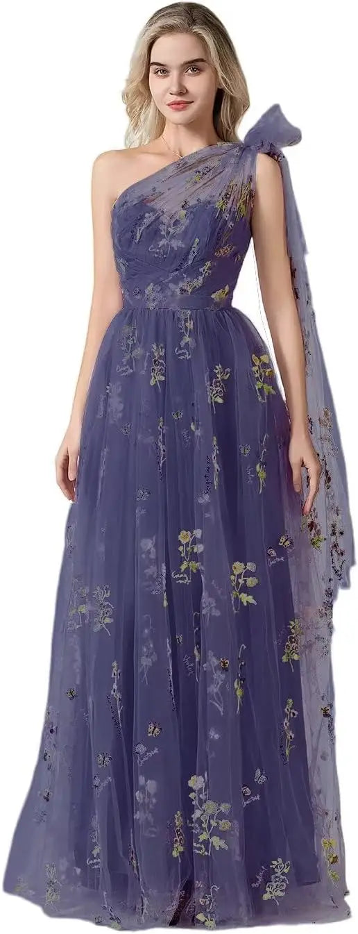 Vestido Longo de Formatura Feminino Elegante de Um Ombro Só com Bordado Floral em Tule, Modelo Godê para Festas de Gala