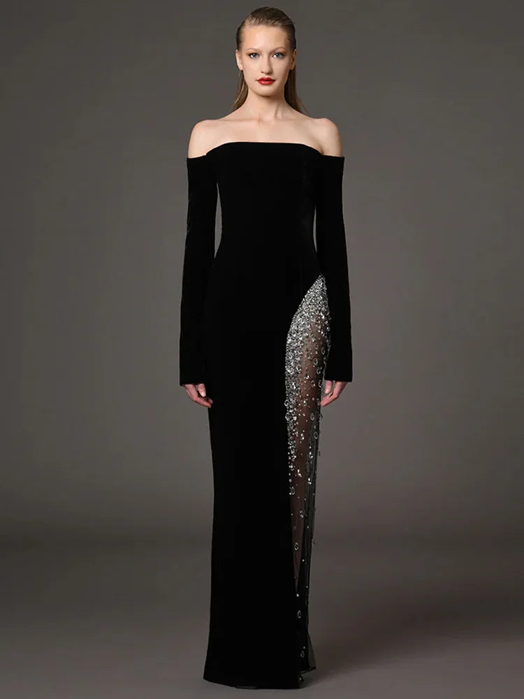 Designer Vestido Women's Diamonds Beaded Slash Neck Off The Shoulders Patchwork Gauze Long Maxi Dress