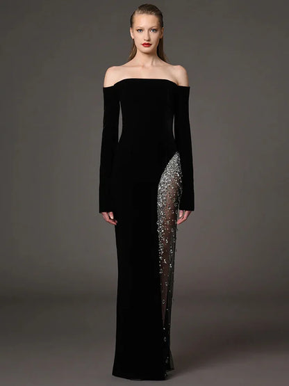 Designer Vestido Women's Diamonds Beaded Slash Neck Off The Shoulders Patchwork Gauze Long Maxi Dress