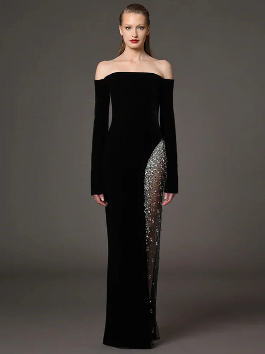 Designer Vestido Women's Diamonds Beaded Slash Neck Off The Shoulders Patchwork Gauze Long Maxi Dress