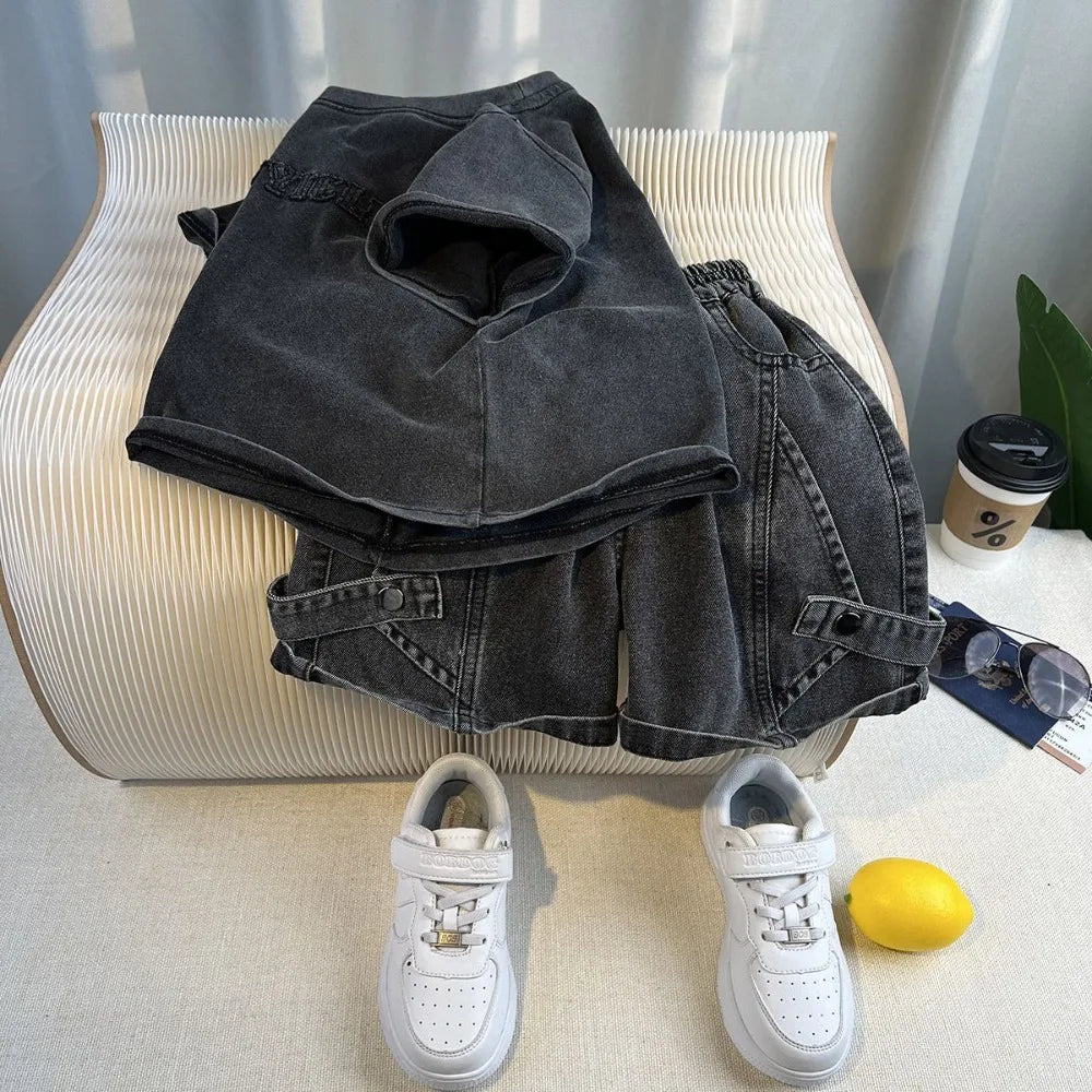 Set Kid Boy 2025 Summer New Style Cotton Letter Embroidered T-shirt Black Jeans Fashion Streetwear Daily Sporty Korean