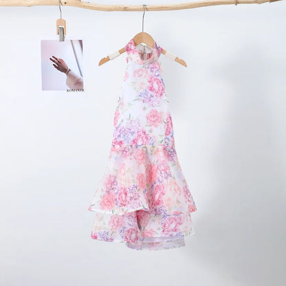 Chic Floral Printed Mini Dress Backless Sleeveless Hem Stacking Dresses Sweet A Line Vestidos 2025 New Lady Party Club Clothing