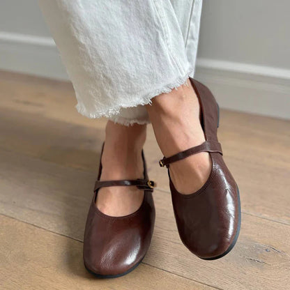 Mary Janes Women Calfskin Leather Round Toe Pleated Pattern Buckle Strap Solid Color Flat Shoes Ladies Handmade 28337
