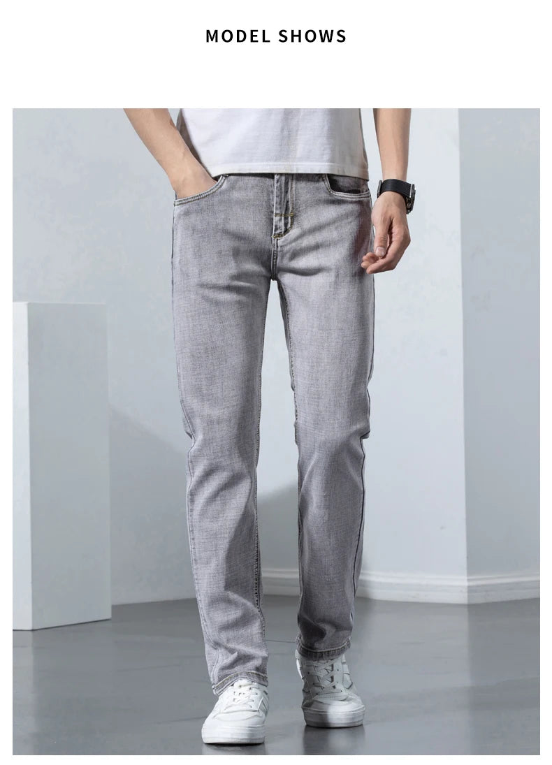 2022 Autumn Spring Fitted Straight Stretch Denim  Classic Style Badge Youth Men's Business Casual Jeans Trousers
