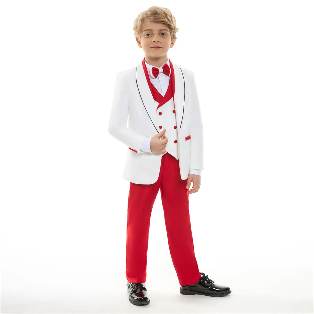 Stylish Occasion Wear Kids White Red Contrast Formal Multi Piece Suit Set Eye Catching Design Perfect For Festival Performance