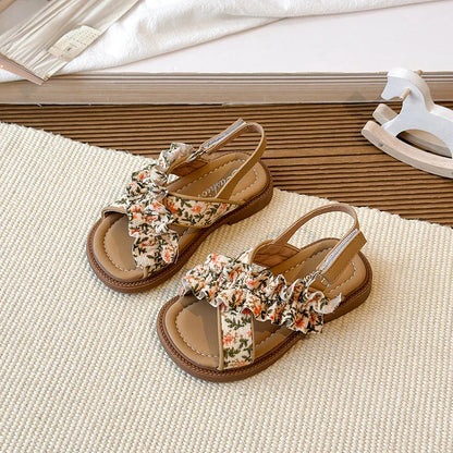 Summer Girl's Sandals Open Toe Flower Hook-loop Chic Kid's Flat Shoe Solid Colors Light Comfy Casual Daily Children Shoes 23-33
