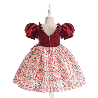 Summer Girls Dress With Bag Elegant Kid Floral Print Princess Party Dresses For Girl Children Costume Birthday Wedding Prom Gown