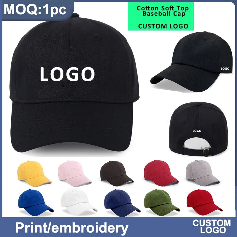 Custom Logo Hat For Women Men Soft Top Cotton Baseball Cap Adult Outdoor Adjustable Dad Hats Snapback Hat Summer Sports Sun Cap