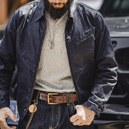 Men's Vintage IV Oil Waxed Canvas Jacket Lapel Zipper Short Outerwear Classic Slim Fit for Men's Spring and Fall Jacket