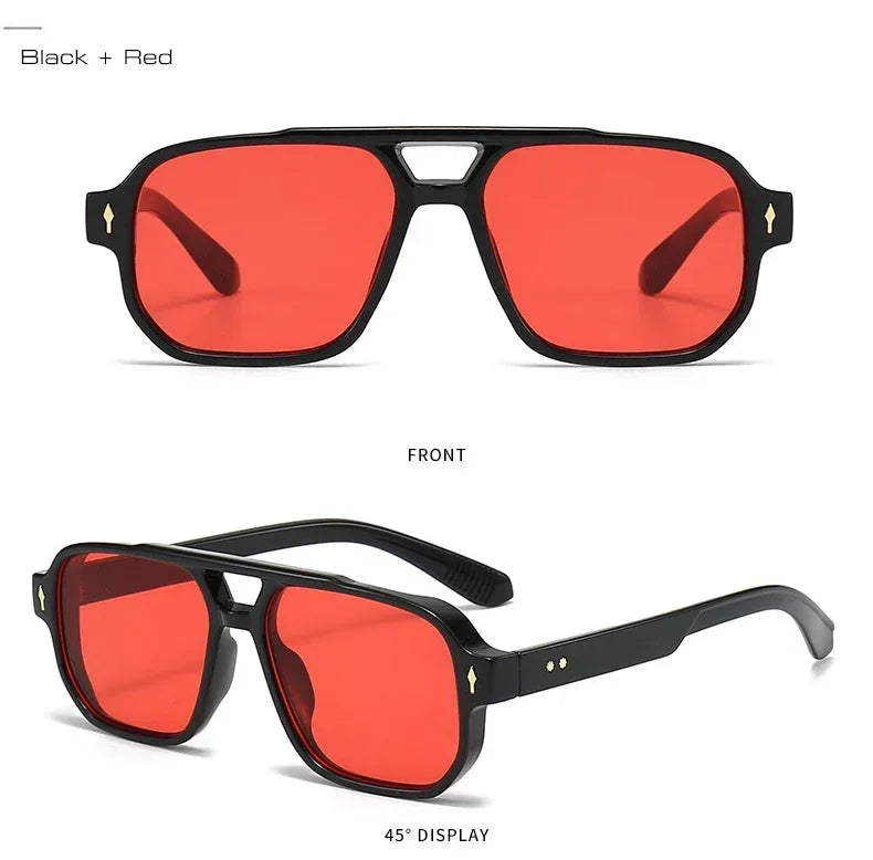 Vintage Double Bridges Men Square Sunglasses Fashion Green Ocean Lens UV400 Eyewear Women Trending Rivets Sun Glasses