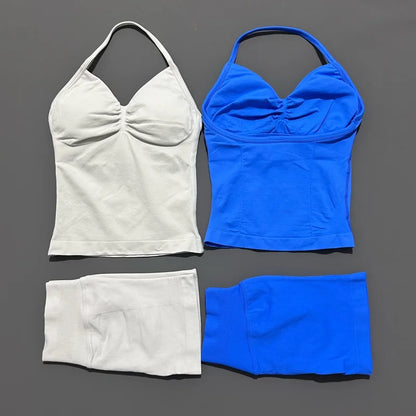No Logo 2 Pies Sports Set Women Backless Tank Yoga Tops High Waist Scrunch Seamless Shorts Sport Gym Set Sportswear Workout Set